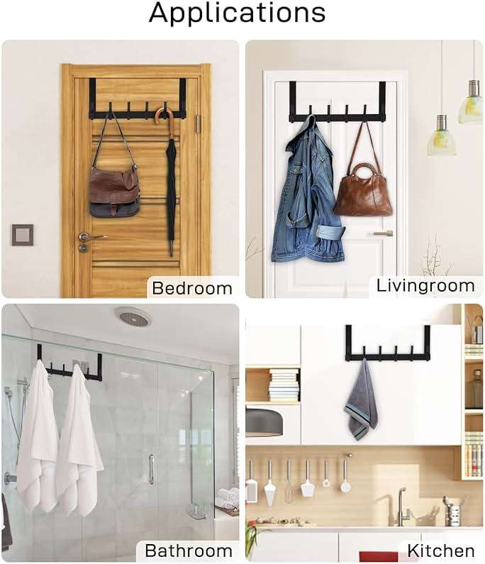 Optish Over The Door Hooks, Door Hanger Hooks for Hanging, Towel Racks for Bathroom with 12 Coat Hook, Coat Rack College Dorm Essentials Bathroom Accessories(1 Pack, Black) - Image 7
