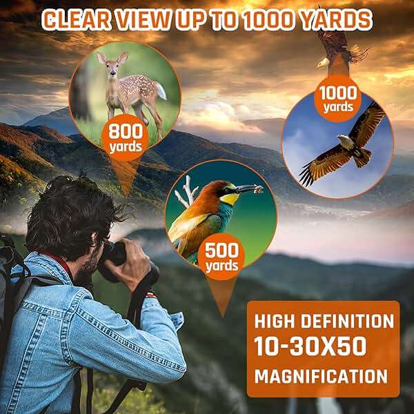 10-30x50 Zoom Binoculars for Adults, High Powered Military Binoculars for Bird Watching Traveling Hunting Concerts with Large View,BAK4,FMC Lens,Clear Low Light Vision at Night - Image 6