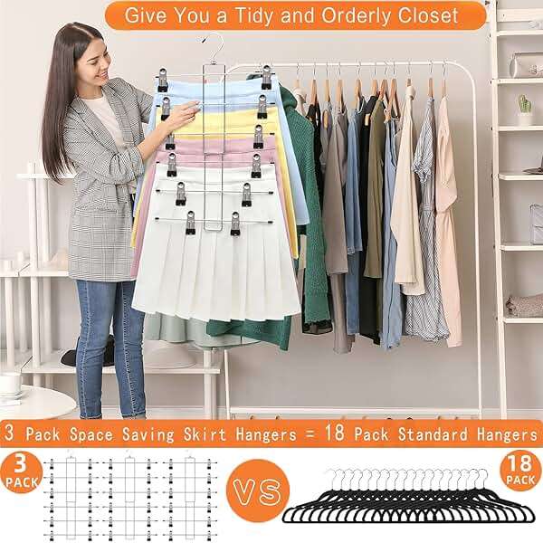 3 Pack Pants-Hangers-Space-Saving,6 Tier-Closet-Organizers-and-Storage Skirt Hangers with Clips,Closet-Organizer-Clothes-Organization-and-Storage Jeans Scarf Hangers,College-Dorm-Room-Essentials Decor - Image 4