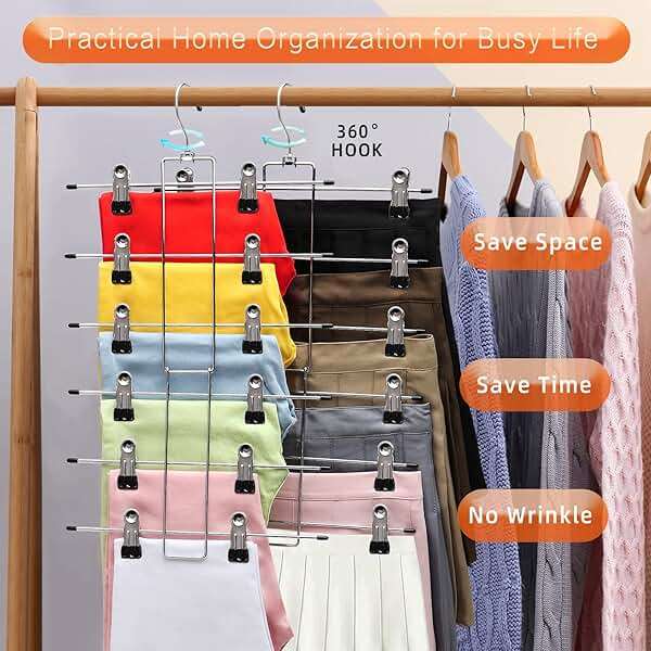 3 Pack Pants-Hangers-Space-Saving,6 Tier-Closet-Organizers-and-Storage Skirt Hangers with Clips,Closet-Organizer-Clothes-Organization-and-Storage Jeans Scarf Hangers,College-Dorm-Room-Essentials Decor - Image 5