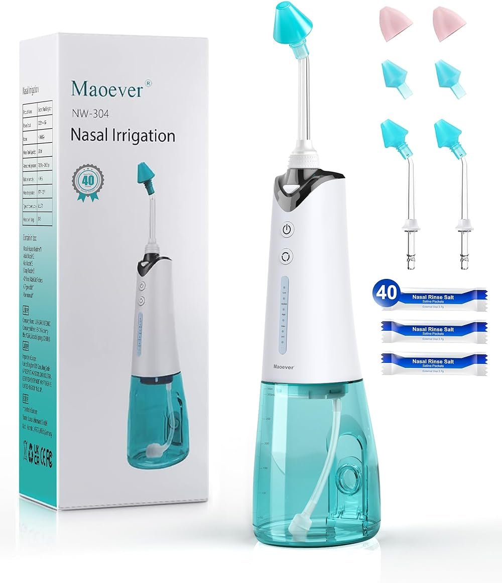 Nasal Irrigation System, Cordless Nasal Rinse Machine for Sinus Relief & Nasal Care, Electric Neti Pot with Tips and Salt Packs Nasal Irrigation Sinus Rinse System Kit for Adult & Kid (300ML) - Product Image