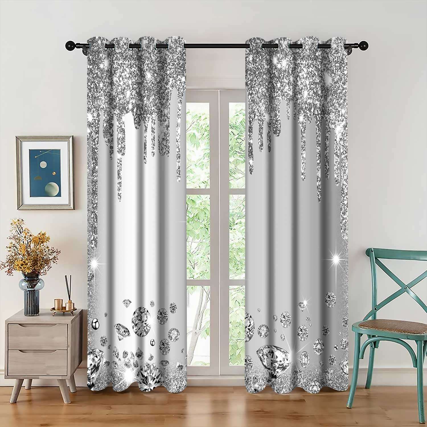 MIZSYE Sparkling Diamond Curtains Silver Shiny Drips Wall Decoration Inspiration Aart Blackout Curtains for Bedrooms Living Rooms Girls Bedroom 2 Panels 42x84inch CLZYMS52 - Image 1