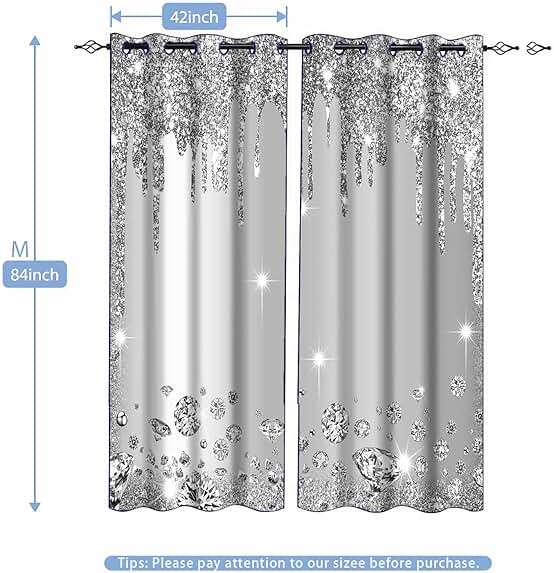 MIZSYE Sparkling Diamond Curtains Silver Shiny Drips Wall Decoration Inspiration Aart Blackout Curtains for Bedrooms Living Rooms Girls Bedroom 2 Panels 42x84inch CLZYMS52 - Image 2