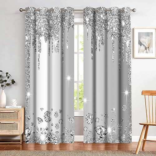 MIZSYE Sparkling Diamond Curtains Silver Shiny Drips Wall Decoration Inspiration Aart Blackout Curtains for Bedrooms Living Rooms Girls Bedroom 2 Panels 42x84inch CLZYMS52 - Image 4