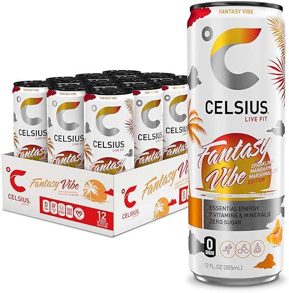 CELSIUS FANTASY VIBE Sparkling Mandarin Marshmallow, Sugar Free Energy Drink, 12 Fl Oz (Pack of 12) - Image 1