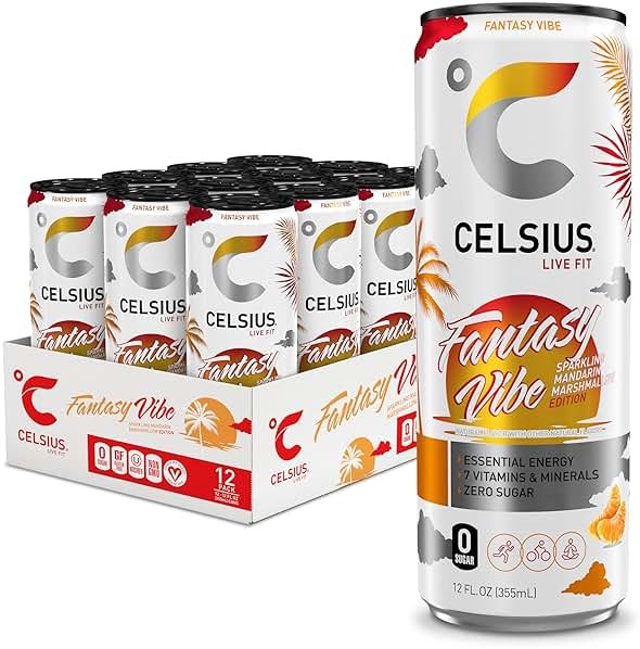CELSIUS FANTASY VIBE Sparkling Mandarin Marshmallow, Sugar Free Energy Drink, 12 Fl Oz (Pack of 12) - Product Image