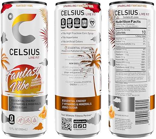 CELSIUS FANTASY VIBE Sparkling Mandarin Marshmallow, Sugar Free Energy Drink, 12 Fl Oz (Pack of 12) - Image 3