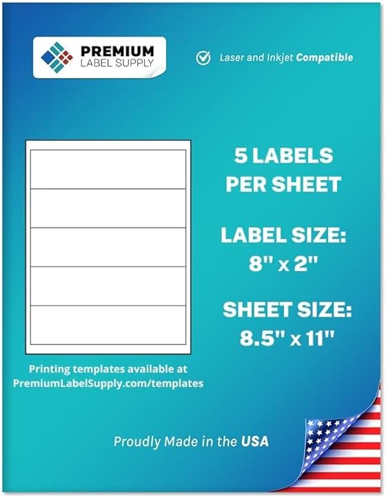 Premium Label Supply Matte White Water Bottle Stickers- NOT Waterproof – 8" x 2" – Laser/Inkjet Compatible – (5 per Sheet), 25 Sheets – 125 Total Adhesive Labels - Product Image