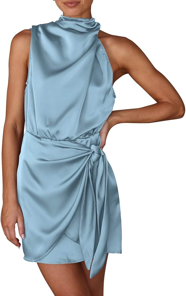 PRETTYGARDEN Women's Short Formal Satin Dress Summer Sleeveless Mock Neck Tie Waist Cocktail Party Dresses - Product Image