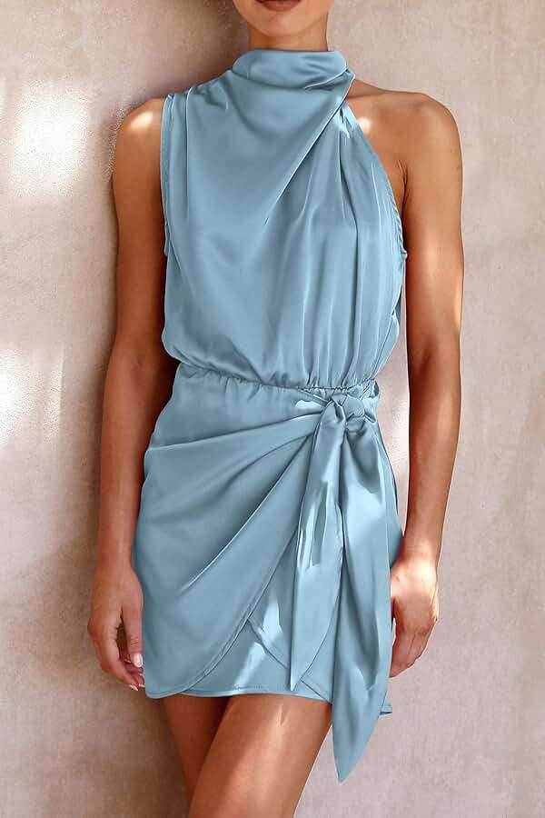 PRETTYGARDEN Women's Short Formal Satin Dress Summer Sleeveless Mock Neck Tie Waist Cocktail Party Dresses - Image 2