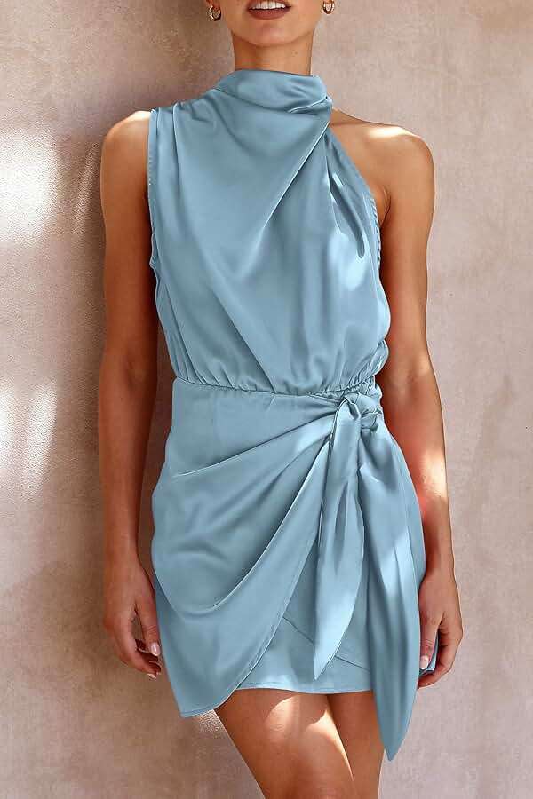 PRETTYGARDEN Women's Short Formal Satin Dress Summer Sleeveless Mock Neck Tie Waist Cocktail Party Dresses - Image 3