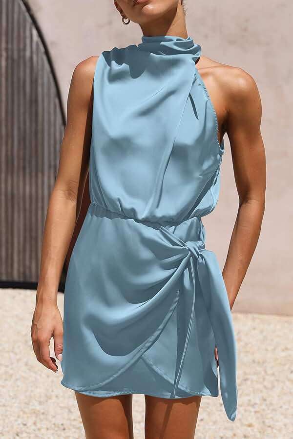 PRETTYGARDEN Women's Short Formal Satin Dress Summer Sleeveless Mock Neck Tie Waist Cocktail Party Dresses - Image 4