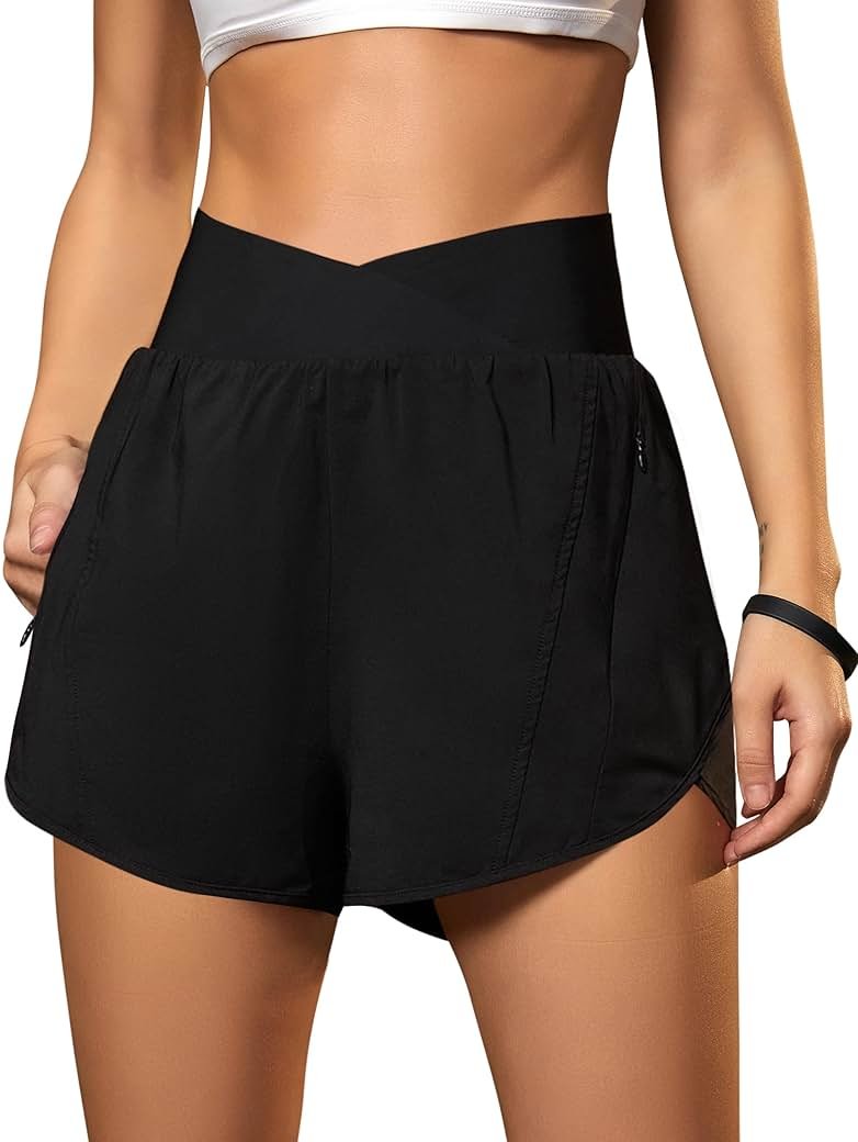 Blooming Jelly Women's Workout Shorts Athletic Running Shorts Crossover High Waisted Gym Shorts with Zipper Pockets - Product Image