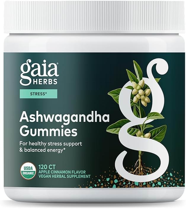 Gaia Herbs Organic Ashwagandha Gummies - Stress Support* - Supports Healthy Cortisol Balance* - Made with Cinnamon & Ginger - Gluten Free & Vegan - 120 Count (40 Servings) - Product Image