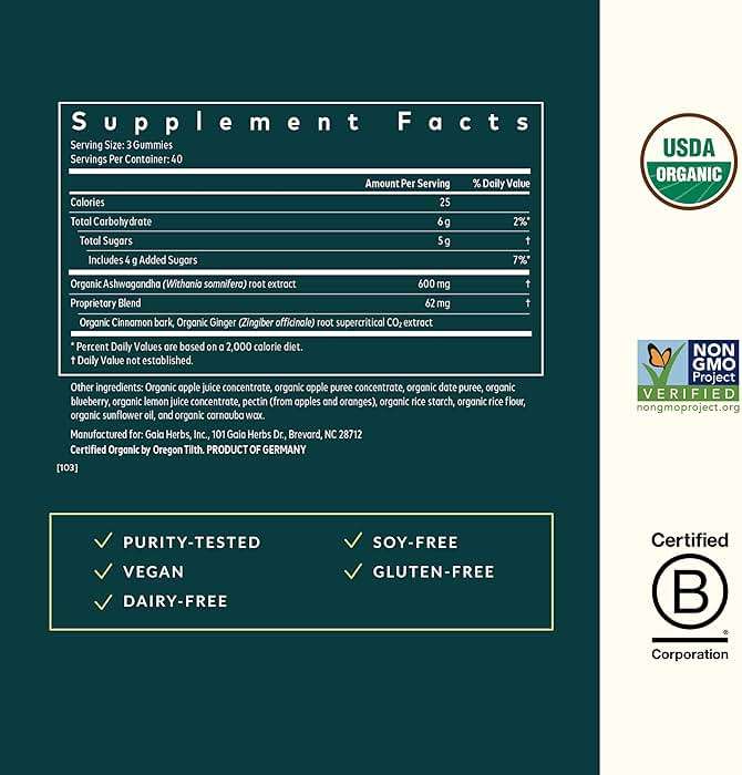 Gaia Herbs Organic Ashwagandha Gummies - Stress Support* - Supports Healthy Cortisol Balance* - Made with Cinnamon & Ginger - Gluten Free & Vegan - 120 Count (40 Servings) - Image 3