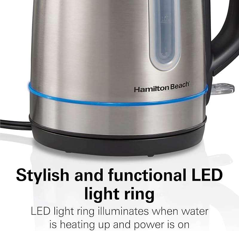 Hamilton Beach Electric Tea Kettle, Water Boiler & Heater, 1.7 Liter, Cordless Serving, 1500 Watts for Fast Boiling, Auto-Shutoff and Boil-Dry Protection, Stainless Steel with LED Light Ring (41037) - Image 4