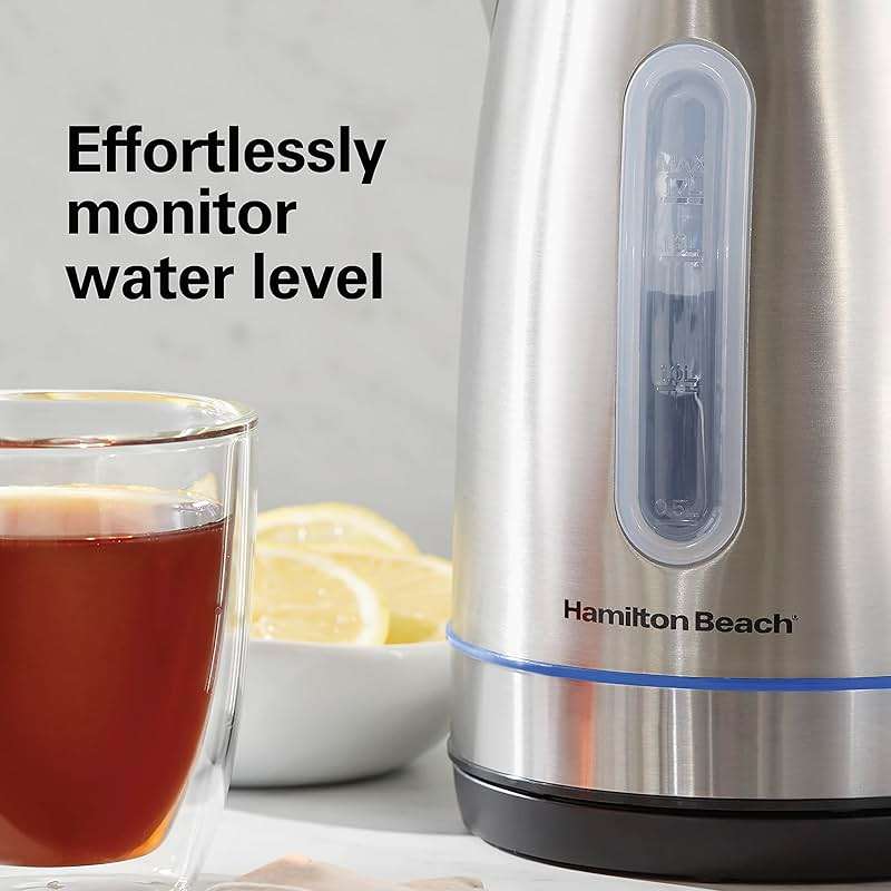 Hamilton Beach Electric Tea Kettle, Water Boiler & Heater, 1.7 Liter, Cordless Serving, 1500 Watts for Fast Boiling, Auto-Shutoff and Boil-Dry Protection, Stainless Steel with LED Light Ring (41037) - Image 8