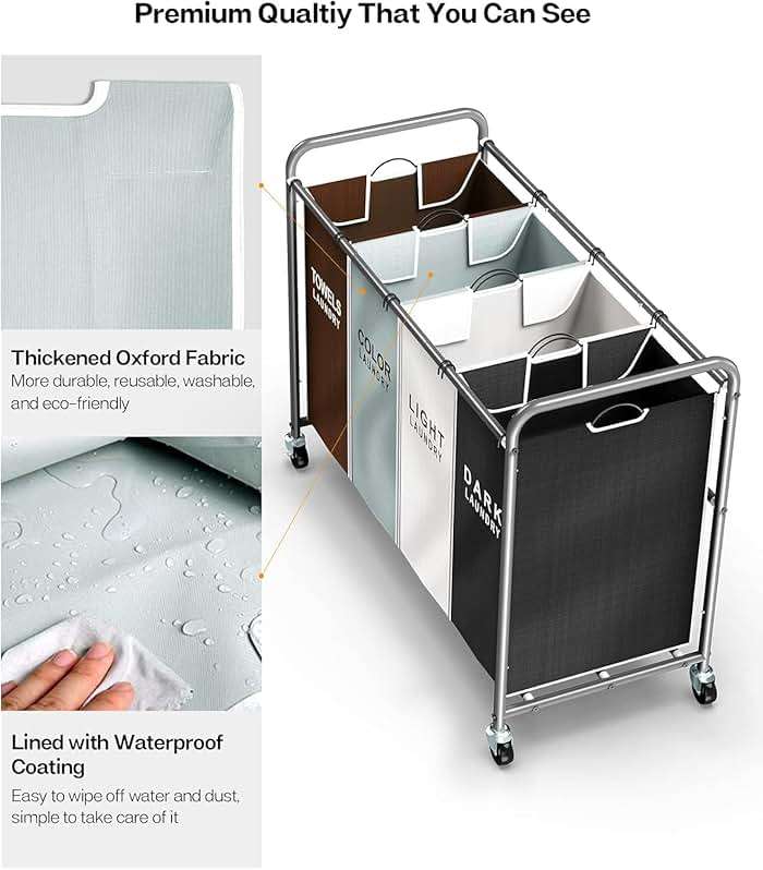 ROMOON Laundry Hamper Sorter Cart: 4-Section Organizer with Heavy-Duty Lockable Wheels and Removable Bags | 180L Rolling Laundry Basket for Dirty Clothes in Laundry Room or Small Spaces (Multicolor) - Image 5