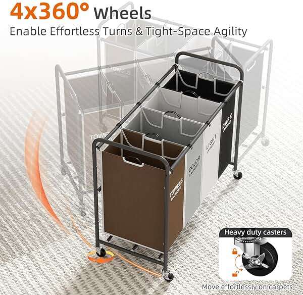 ROMOON Laundry Hamper Sorter Cart: 4-Section Organizer with Heavy-Duty Lockable Wheels and Removable Bags | 180L Rolling Laundry Basket for Dirty Clothes in Laundry Room or Small Spaces (Multicolor) - Image 7