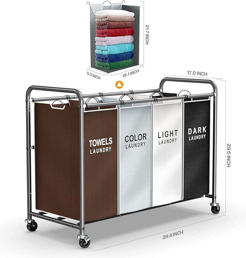 ROMOON Laundry Hamper Sorter Cart: 4-Section Organizer with Heavy-Duty Lockable Wheels and Removable Bags | 180L Rolling Laundry Basket for Dirty Clothes in Laundry Room or Small Spaces (Multicolor) - Image 8