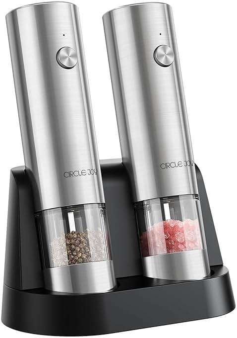 CIRCLE JOY Electric Salt and Pepper Grinder Set Stainless Steel Spice Grinder Automatic Pepper Mills with Easy-to-Carry Dual Charging Station, White Led Light, and Adjustable Coarseness, Silver - Image 1