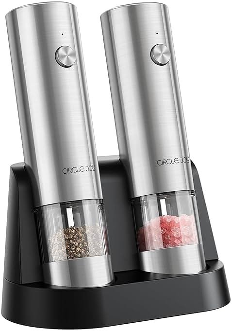 CIRCLE JOY Electric Salt and Pepper Grinder Set Stainless Steel Spice Grinder Automatic Pepper Mills with Easy-to-Carry Dual Charging Station, White Led Light, and Adjustable Coarseness, Silver - Product Image