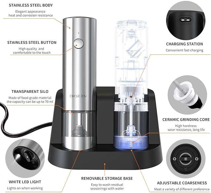 CIRCLE JOY Electric Salt and Pepper Grinder Set Stainless Steel Spice Grinder Automatic Pepper Mills with Easy-to-Carry Dual Charging Station, White Led Light, and Adjustable Coarseness, Silver - Image 4