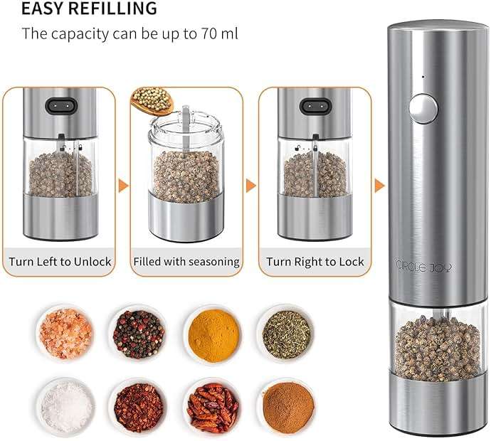 CIRCLE JOY Electric Salt and Pepper Grinder Set Stainless Steel Spice Grinder Automatic Pepper Mills with Easy-to-Carry Dual Charging Station, White Led Light, and Adjustable Coarseness, Silver - Image 7