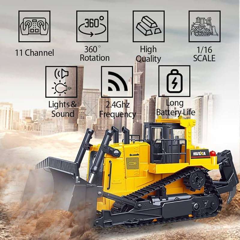 Bulldozer, 11 Channel Full Functional Dozer Vehicle, 360° Rotating RC Dozer with Metal Parts & Rubber Tracks, Remote Control Bulldozers with Lights & Sound, RC Construction Vehicles for Adults - Image 2