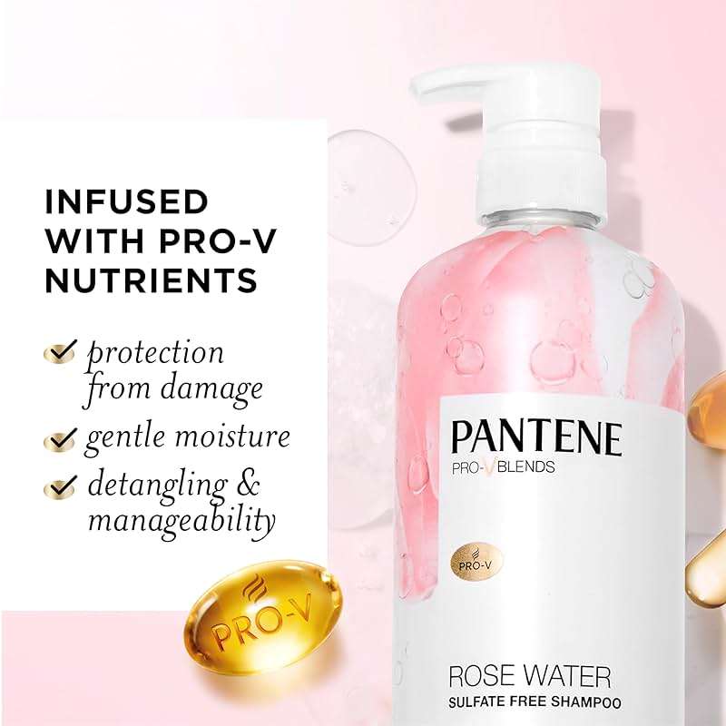 Pantene Sulfate Free Rose Water Shampoo, Soothes, Replenishes Hydration, Safe for Color Treated Hair, Nutrient Infused with Vitamin B5 and Antioxidants, Pro-V Blends, 30.0 oz - Image 2