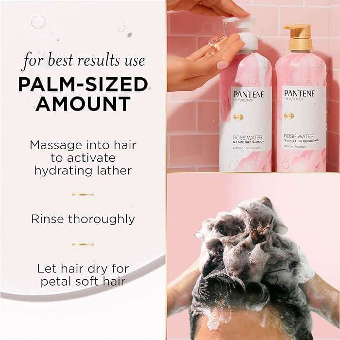 Pantene Sulfate Free Rose Water Shampoo, Soothes, Replenishes Hydration, Safe for Color Treated Hair, Nutrient Infused with Vitamin B5 and Antioxidants, Pro-V Blends, 30.0 oz - Image 8