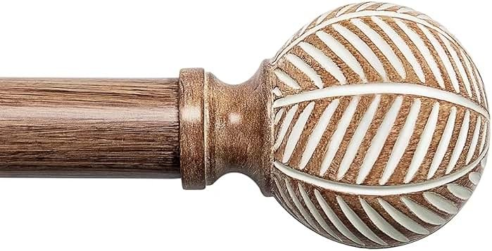 Wood Curtain Rods for Windows: 1 Inch Diameter Adjustable Heavy Duty Curtain Rod 48" to 86" with Imitation Wood Grain Leaf Pattern Finials - Product Image