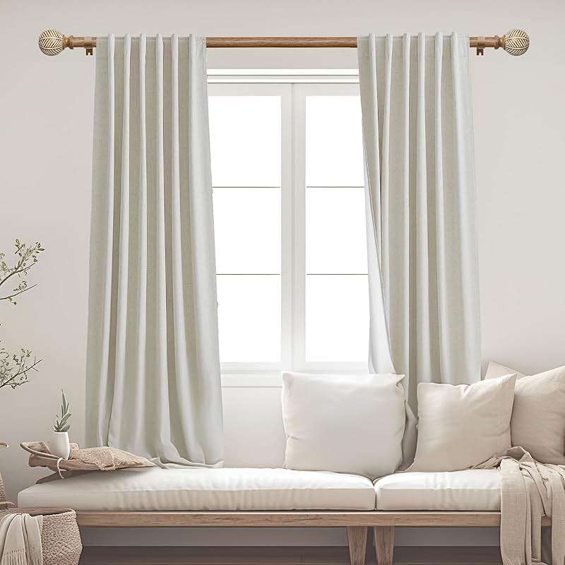 Wood Curtain Rods for Windows: 1 Inch Diameter Adjustable Heavy Duty Curtain Rod 48" to 86" with Imitation Wood Grain Leaf Pattern Finials - Image 2