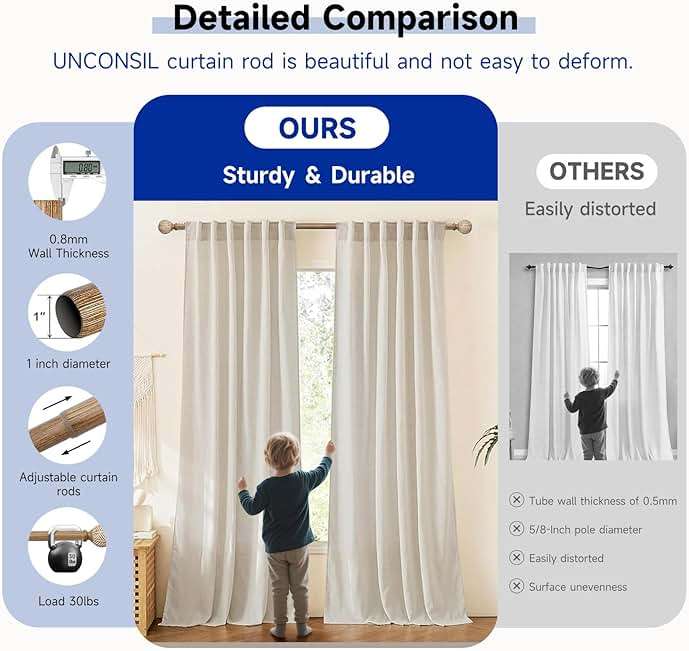 Wood Curtain Rods for Windows: 1 Inch Diameter Adjustable Heavy Duty Curtain Rod 48" to 86" with Imitation Wood Grain Leaf Pattern Finials - Image 4