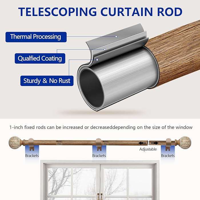 Wood Curtain Rods for Windows: 1 Inch Diameter Adjustable Heavy Duty Curtain Rod 48" to 86" with Imitation Wood Grain Leaf Pattern Finials - Image 5