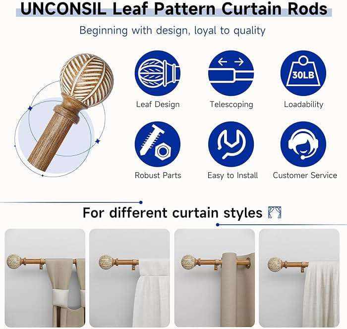 Wood Curtain Rods for Windows: 1 Inch Diameter Adjustable Heavy Duty Curtain Rod 48" to 86" with Imitation Wood Grain Leaf Pattern Finials - Image 6