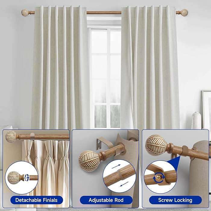 Wood Curtain Rods for Windows: 1 Inch Diameter Adjustable Heavy Duty Curtain Rod 48" to 86" with Imitation Wood Grain Leaf Pattern Finials - Image 7