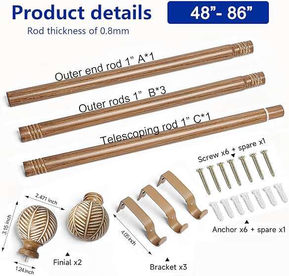 Wood Curtain Rods for Windows: 1 Inch Diameter Adjustable Heavy Duty Curtain Rod 48" to 86" with Imitation Wood Grain Leaf Pattern Finials - Image 9