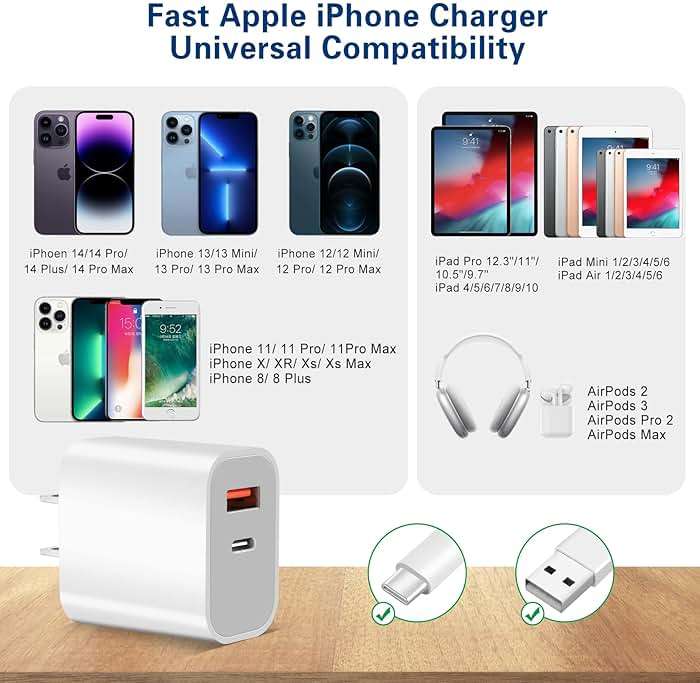 Fast Charger iPhone,Dual Port A/C iPhone Charger Fast Charging Adapter,2Pack Quick Double Phone Wall Charger Block,Apple Charger Block 10FT USB C to Lightning Cable foriPhone 14/13/12/11/ProMax/XS/XR - Image 3