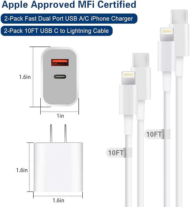 Fast Charger iPhone,Dual Port A/C iPhone Charger Fast Charging Adapter,2Pack Quick Double Phone Wall Charger Block,Apple Charger Block 10FT USB C to Lightning Cable foriPhone 14/13/12/11/ProMax/XS/XR - Image 7