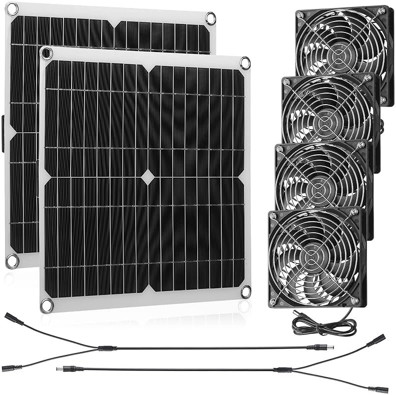 Riakrum 20W 16V Solar Panel Exhaust Fan Kit USB Portable Solar Powered Fan Summer Outdoor Waterproof Ventilator Fan for Chicken Coops, Greenhouses, Camping Exhaust (2 Sets) - Product Image