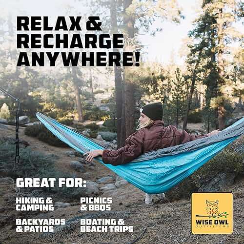 Wise Owl Outfitters Camping Hammock – up to 500lbs Portable Hammock with Tree Straps - Travel, Backpacking, Hiking, Outdoors Camping Gear - Single or Double - Image 7