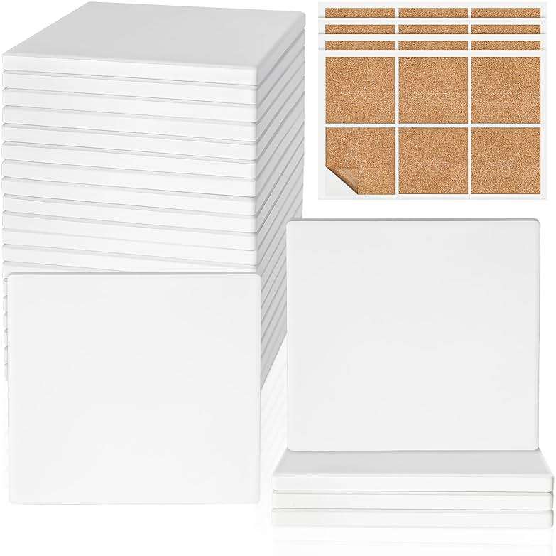 Ceramic Tiles for Crafts, GOH DODD 24 Pack Unglazed Blank Coasters with Cork Backing for Halloween Christmas Alcohol Ink Painting Acrylic Pouring Art Projects Gifts Wedding, Square, 4 Inch, White - Image 1