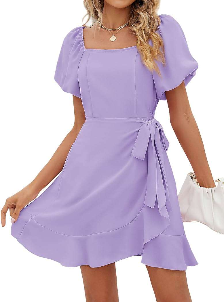 Sampeel Womens Summer Dresses Square Neck Puff Sleeve Tie Waist Short Dress - Image 1