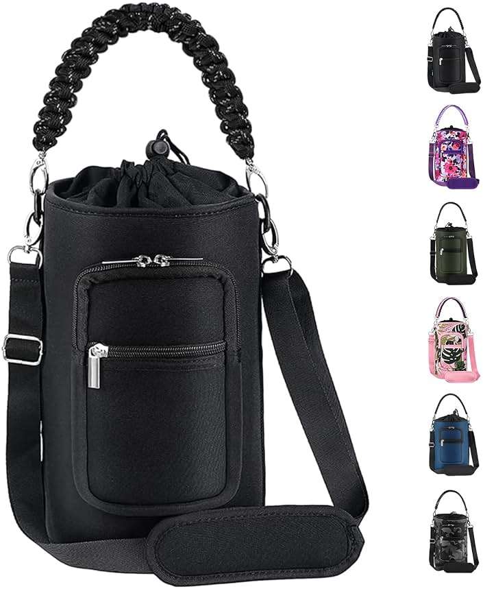 AceTreker 32/40/64/128 oz Neoprene Insulated Water Bottle Carrier Bag, Sling Bag Sleeve Pouch Holder with Strap & Paracord Handle and 2 Pocket for Travelling, Hiking, Camping - Image 1