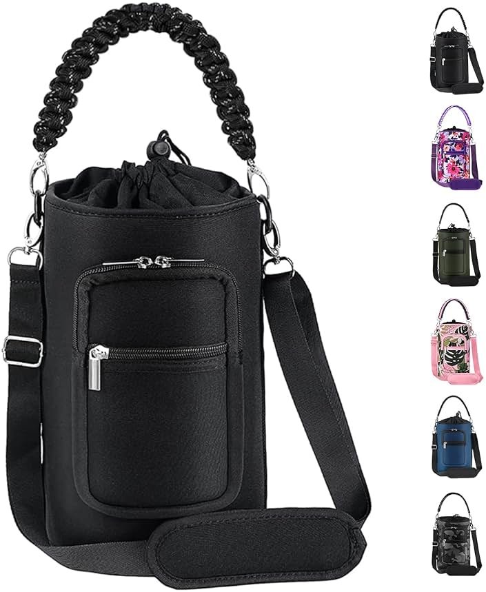 AceTreker 32/40/64/128 oz Neoprene Insulated Water Bottle Carrier Bag, Sling Bag Sleeve Pouch Holder with Strap & Paracord Handle and 2 Pocket for Travelling, Hiking, Camping - Product Image