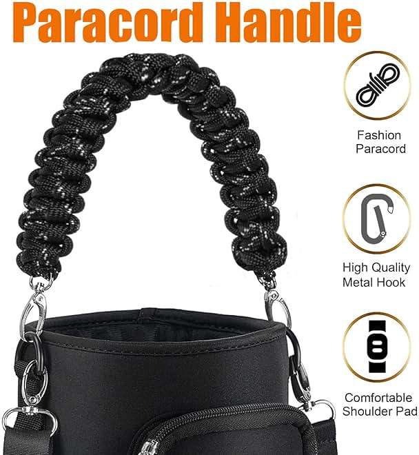 AceTreker 32/40/64/128 oz Neoprene Insulated Water Bottle Carrier Bag, Sling Bag Sleeve Pouch Holder with Strap & Paracord Handle and 2 Pocket for Travelling, Hiking, Camping - Image 3