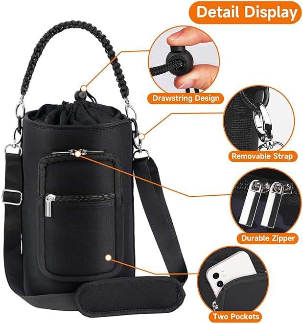 AceTreker 32/40/64/128 oz Neoprene Insulated Water Bottle Carrier Bag, Sling Bag Sleeve Pouch Holder with Strap & Paracord Handle and 2 Pocket for Travelling, Hiking, Camping - Image 7