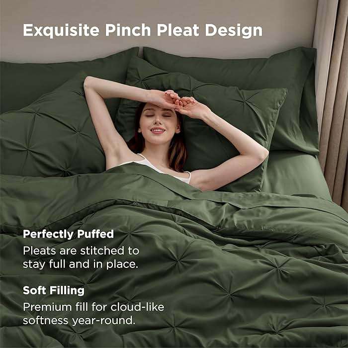 Bedsure Queen Comforter Set Olive Green - Bed in a Bag Queen Size Bedding 7 Pieces, GentleSoft™ Pintuck Bed Set Gift for Family, Pinch Pleat All Season Comforter with Sheets, Pillowcases & Shams - Image 3
