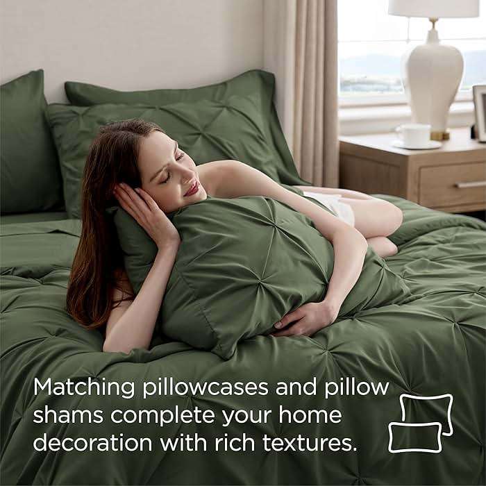 Bedsure Queen Comforter Set Olive Green - Bed in a Bag Queen Size Bedding 7 Pieces, GentleSoft™ Pintuck Bed Set Gift for Family, Pinch Pleat All Season Comforter with Sheets, Pillowcases & Shams - Image 7